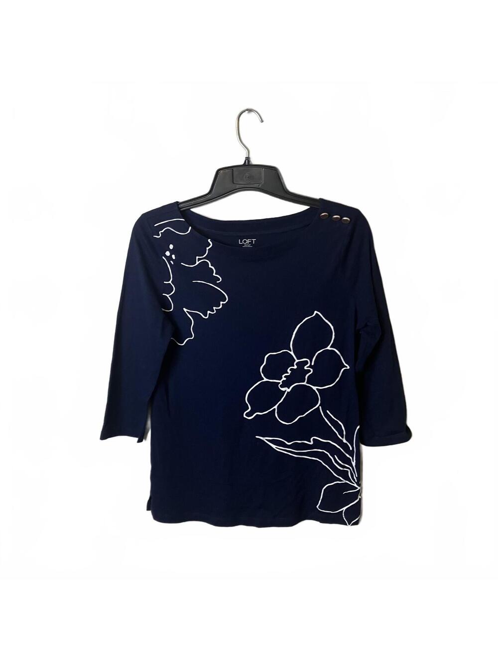 Loft Navy Feminine Floral Artsy Cottagecore 3/4 Sleeve Top Women's Size Large